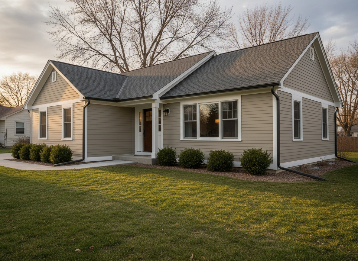 A neat Minnesota home exterior featuring a coordinated roofing and siding upgrade: a medium-gray composite shingle roof paired with light taupe horizontal siding, crisp white trim, and dark, seamless aluminum gutters tracing the roofline. A simple concrete walkway and trimmed shrubs frame the lower edge of the scene. Shot from eye level with a slightly angled perspective, the composition emphasizes the relationship between roof, siding, and gutters. Soft late-afternoon natural light casts gentle, elongated shadows, adding depth while maintaining neutral tones. The mood is calm, reliable, and professional, with photographic realism and a balanced, structured layout that communicates comprehensive exterior services and enhanced curb appeal.