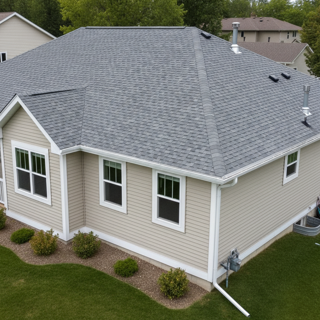 A freshly installed residential asphalt shingle roof in medium gray tones stretches across a suburban Minnesota home, every shingle aligned in precise, clean rows. The ridge cap and flashing are crisp and perfectly fitted, with metal vents and a neat chimney surround adding subtle metallic detail. The house exterior is neutral-toned siding with white trim and a simple, well-kept yard visible at the edges. Captured from a slightly elevated, wide-angle perspective, the image shows the full roof plane under bright but softly diffused midday overcast light, minimizing harsh shadows. The mood is professional, trustworthy, and orderly, with photographic realism, clean lines, and a corporate, modern aesthetic emphasizing quality workmanship and structural integrity.