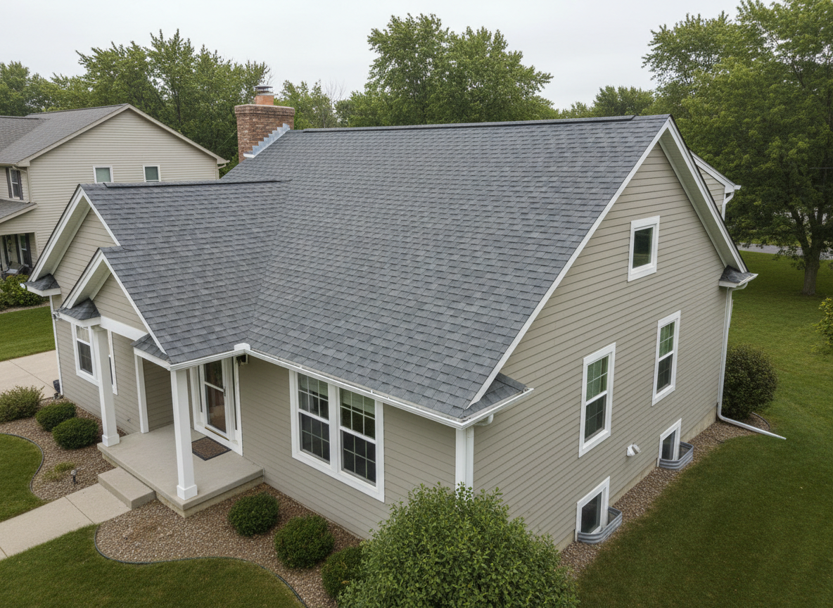 A freshly installed residential asphalt shingle roof in medium gray tones stretches across a suburban Minnesota home, every shingle aligned in precise, clean rows. The ridge cap and flashing are crisp and perfectly fitted, with metal vents and a neat chimney surround adding subtle metallic detail. The house exterior is neutral-toned siding with white trim and a simple, well-kept yard visible at the edges. Captured from a slightly elevated, wide-angle perspective, the image shows the full roof plane under bright but softly diffused midday overcast light, minimizing harsh shadows. The mood is professional, trustworthy, and orderly, with photographic realism, clean lines, and a corporate, modern aesthetic emphasizing quality workmanship and structural integrity.