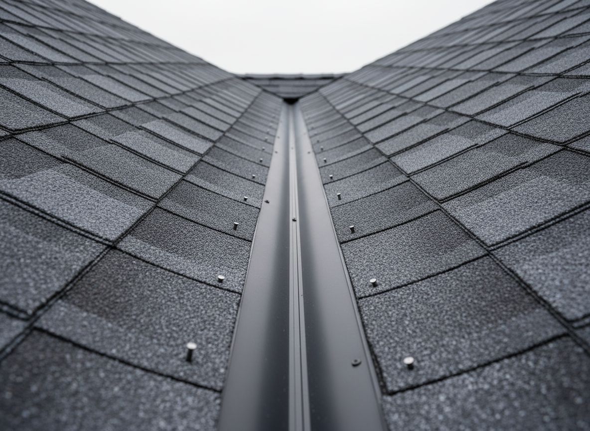 A close-up, detailed view of overlapping architectural asphalt shingles in charcoal and slate hues, showing precise nail placement, crisp edges, and subtle granule texture across the surface. The image focuses on a valley where two roof planes meet, revealing perfectly aligned underlayment and clean metal flashing. The surrounding roof area recedes into a softly blurred background, maintaining a shallow depth of field. Neutral daylight from an overcast sky provides even, natural illumination, highlighting the material quality without glare. The atmosphere feels technical, meticulous, and quality-driven, with a photographic, clean, and minimalist composition centered on the craft of roofing installation, ideal for conveying expertise and attention to detail.