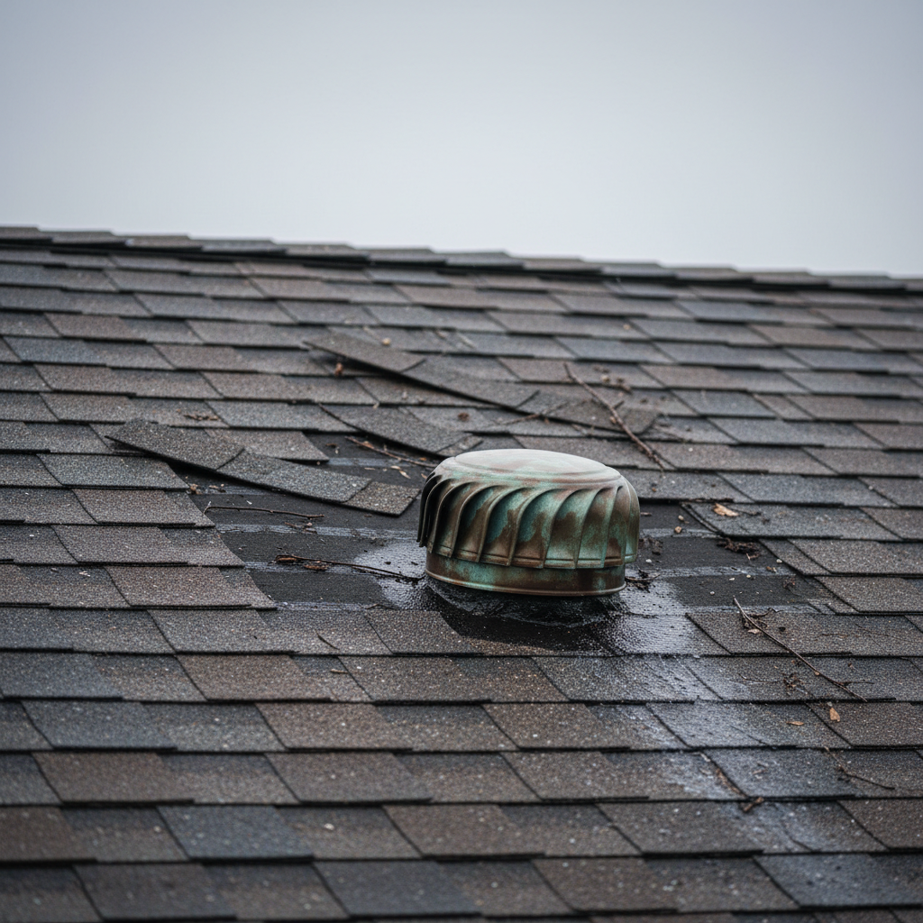 A section of roof showing clear evidence of storm damage: several lifted and missing shingles exposing dark underlayment, a small dented metal vent cap, and scattered granule loss in subtle contrasting patches. The surrounding shingles remain intact but show slight debris and moisture streaks, suggesting recent severe weather. Captured from a slightly elevated, close-range angle, the damaged area is sharply in focus while the rest of the roof fades into a softer background. Overcast post-storm light creates a cool, diffused atmosphere, with gentle reflections on the metal vent. The mood is serious yet controlled, emphasizing the need for professional restoration, presented in a clean, realistic, and corporate aesthetic.