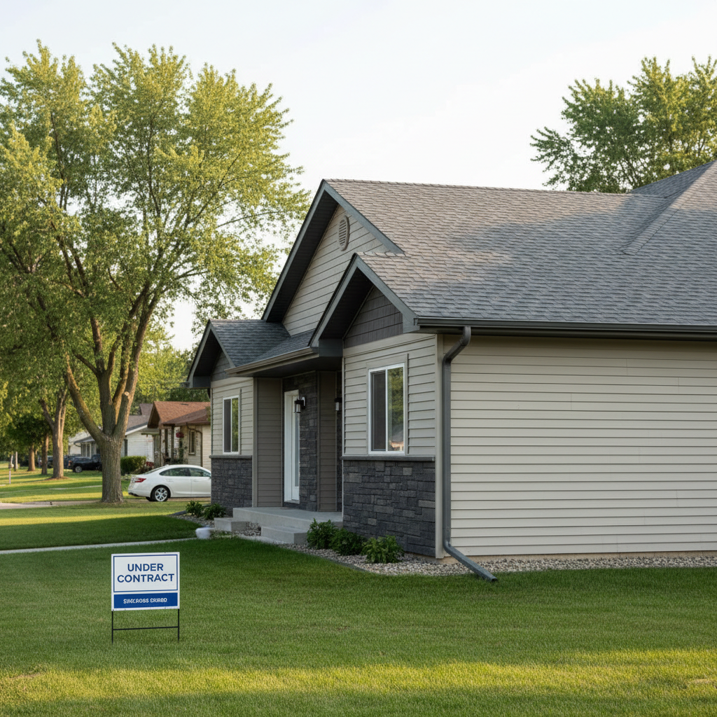 A tidy residential duplex in a Minnesota neighborhood, photographed from curbside at eye level, showcasing a well-maintained roof, updated siding, and a small real estate sign staked in the lawn reading “Under Contract” with a simple, generic logo. The roof features uniform gray shingles, while the siding alternates between light horizontal panels and a small section of darker accent cladding. Seamless gutters line the eaves with downspouts blending into the design. Soft, late-morning natural light creates gentle, realistic shadows and a calm, neutral color palette. The composition uses rule-of-thirds framing for the building and sign, evoking a professional, trustworthy atmosphere that subtly connects roofing services with residential real estate transactions.