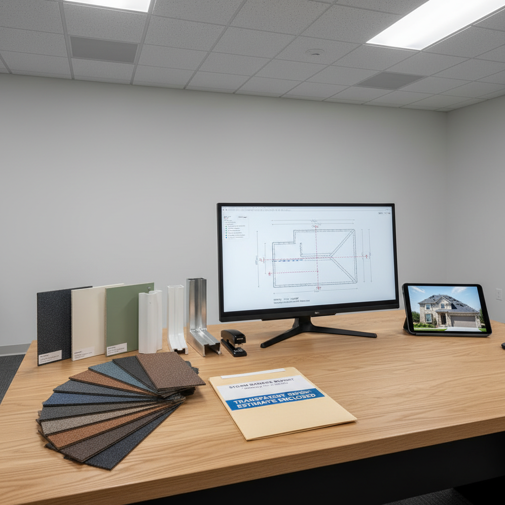 A clean, organized workspace in a roofing company office, featuring a large neutral-toned desk with neatly arranged roofing material samples: shingle swatches in various grays, siding color boards, gutter profile cutaways, and a labeled storm damage report folder. A flat-screen monitor displays a schematic roof diagram with measurements and notes, while a digital tablet lies nearby showing a property exterior photo. Soft, even overhead office lighting creates minimal shadows and a balanced, professional tone. Shot from a slightly elevated angle with sharp focus across the scene, the composition is structured and uncluttered. The photographic style is modern and corporate, conveying transparent estimates, planning, and real estate support without including any human presence.